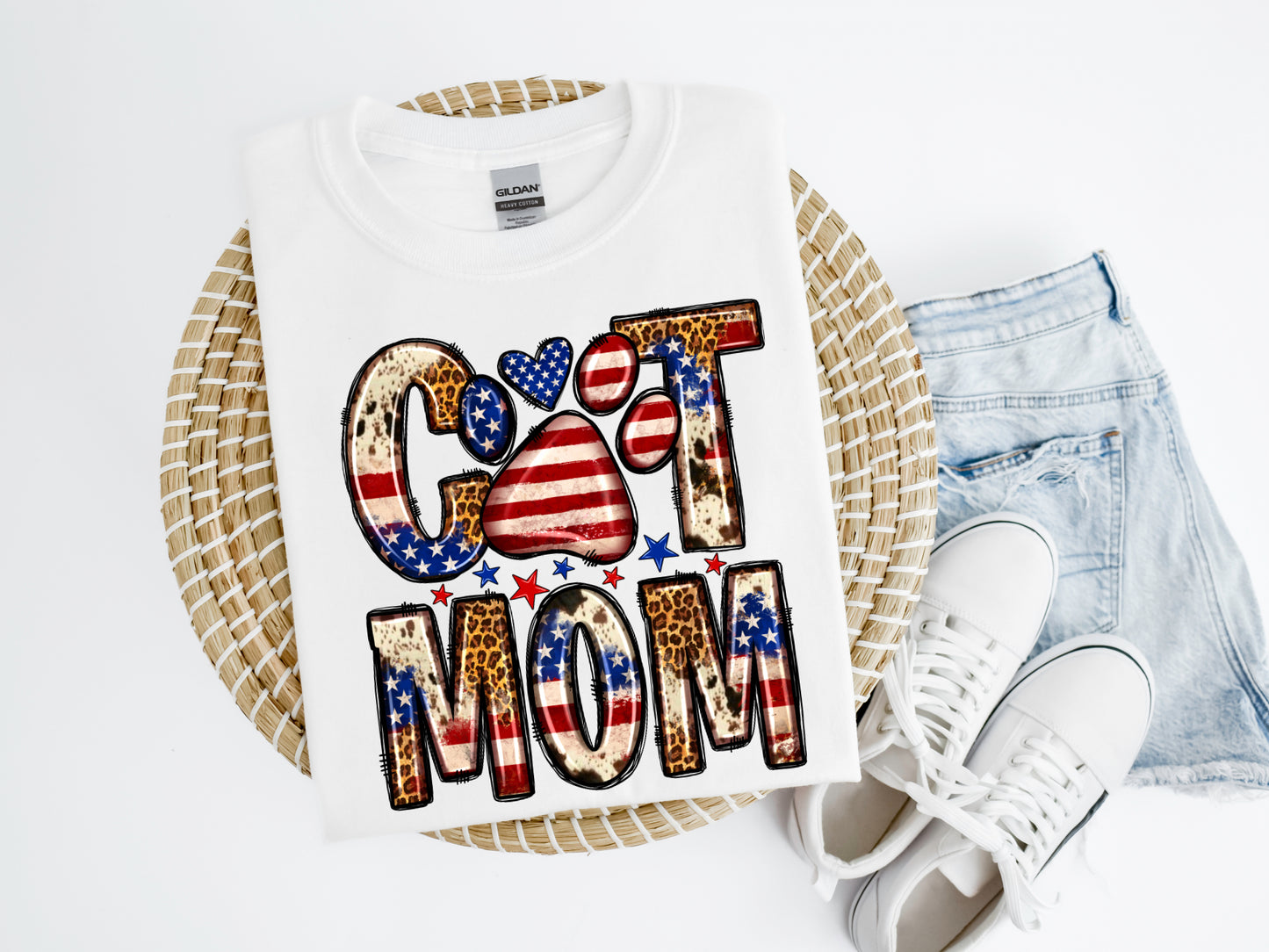 Red White Blue Cheetah Cat Mom Shirt/Crew
