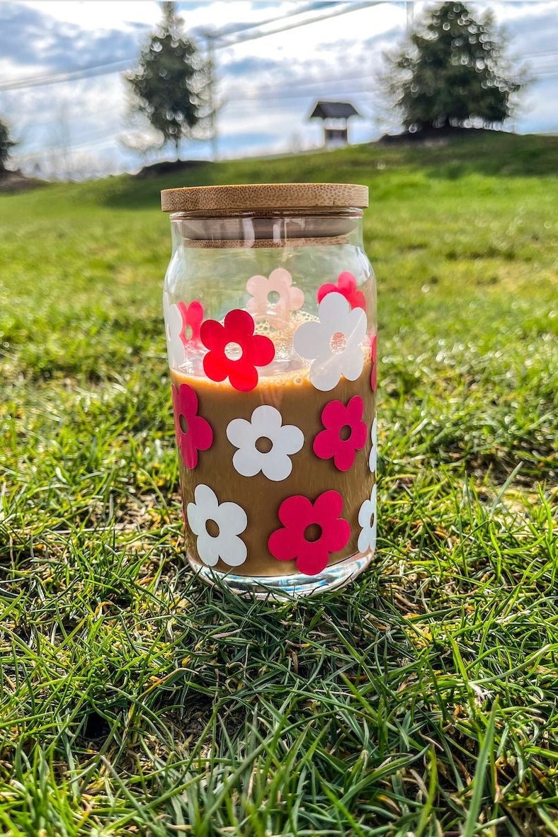 Retro Flowers Glass Cup